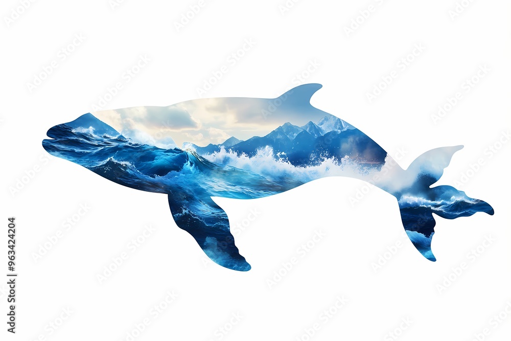 Naklejka premium A stunning artwork of a whale silhouette filled with an ocean landscape, symbolizing the beauty of marine life and nature.