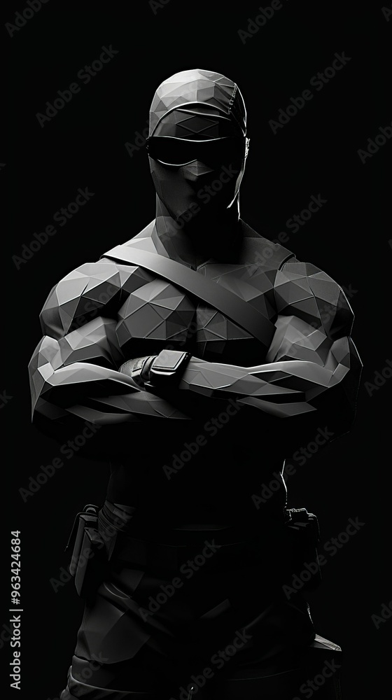 A powerful polygonal silhouette of a ninja warrior exuding strength and stealth against a dark background. A powerful polygonal silhouette of a ninja warrior exuding strength and stealth against a dark background.