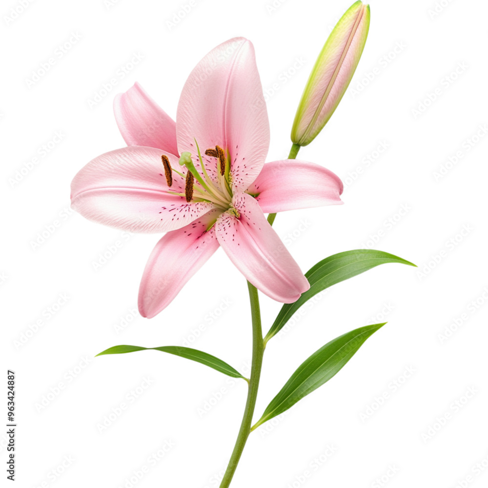 Pink Lily Flower on Stem with Green Leaves Pink Lily Flower on Stem with Green Leaves
