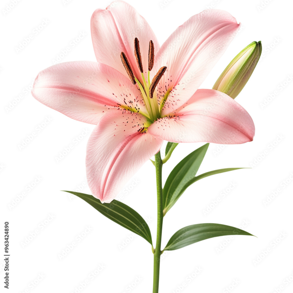 Pink Lily Flower on Stem with Green Leaves Pink Lily Flower on Stem with Green Leaves