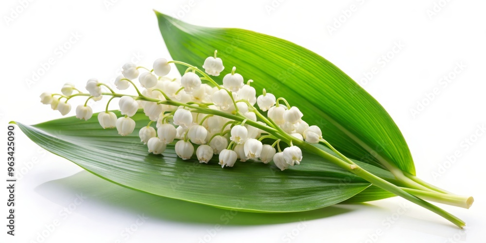 Fototapeta premium Lily of the Valley Blossom on Green Leaf, White Background, Flower, Spring, Fragrance