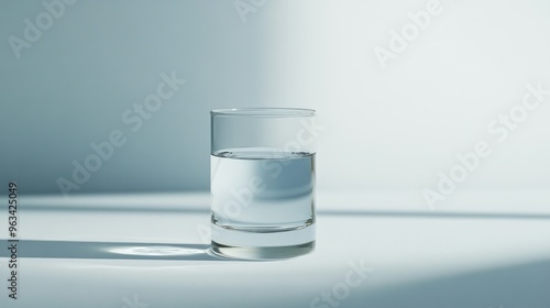 A Single Glass of Water on a White Surface with Light Filtering Through photo