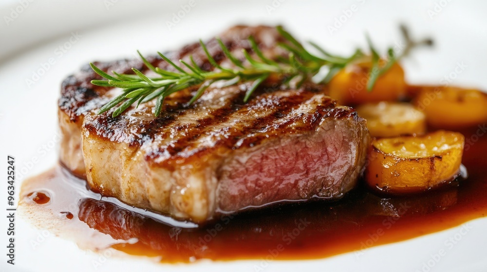 A beautifully cooked steak with a rich, caramelized crust, set on a white background, showcasing its mouth-watering texture and color A beautifully cooked steak with a rich, caramelized crust, set on a white background, showcasing its mouth-watering texture and color