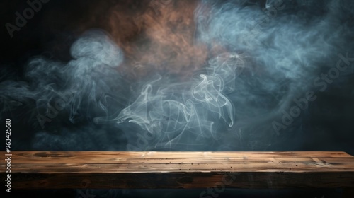 empty wooden table with smoke float up on dark background 