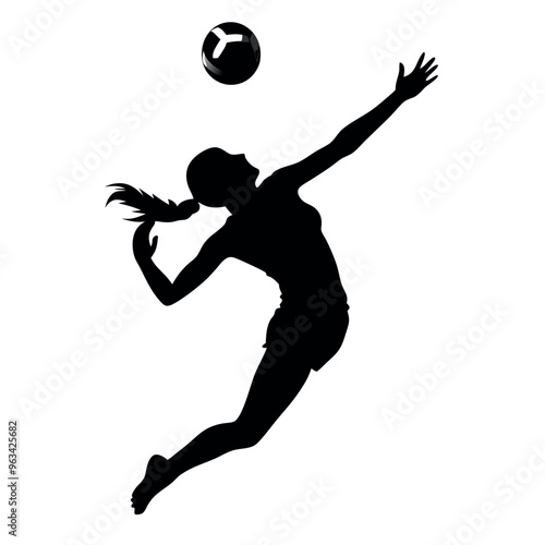 a female volleyball player mid-air, arm fully extended and ready to spike the ball