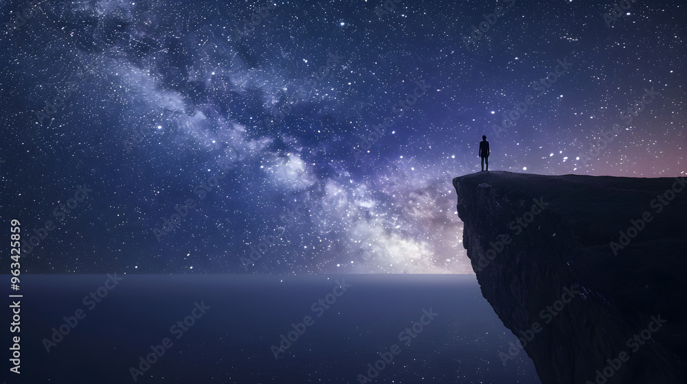 Eternal Embrace: Unity Between Humanity and the Cosmos Under a Starry Sky Overlooking a Vast Ocean on a Cliff Eternal Embrace: Unity Between Humanity and the Cosmos Under a Starry Sky Overlooking a Vast Ocean on a Cliff