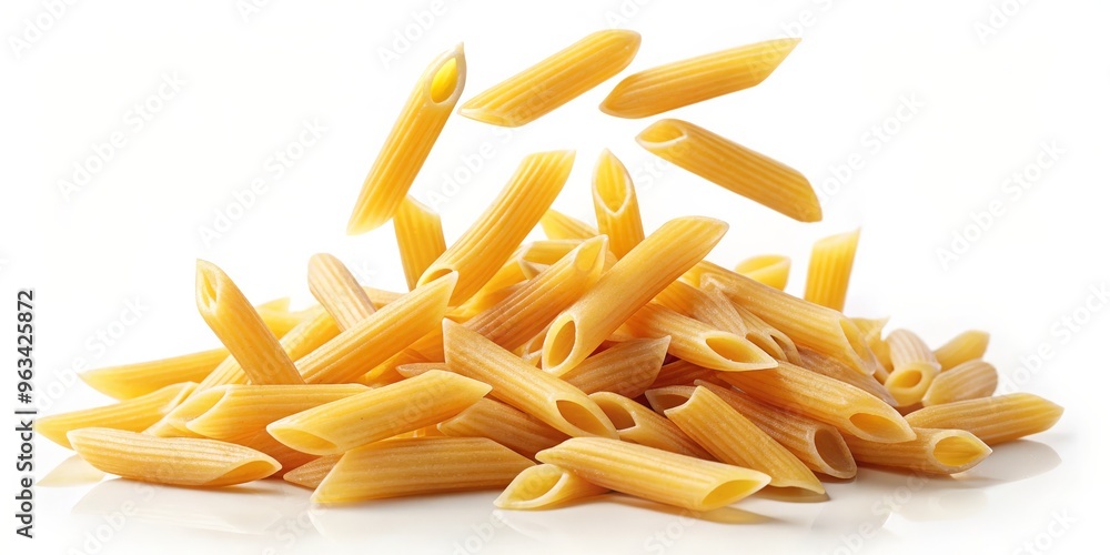 Penne Pasta Falling into a Pile, Uncooked Pasta, Italian Cuisine, White Background, Food Photography, Penne, Pasta Penne Pasta Falling into a Pile, Uncooked Pasta, Italian Cuisine, White Background, Food Photography, Penne, Pasta