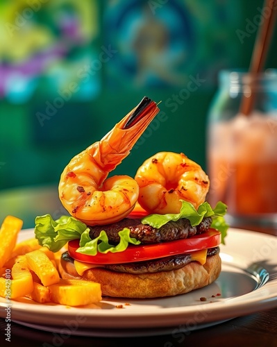 there is a hamburger with shrimp and lettuce on it and fries. photo