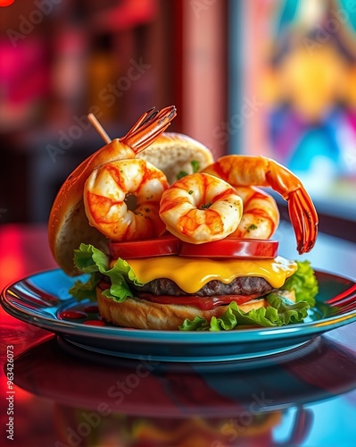 there is a hamburger with shrimp and cheese on it on a plate. photo