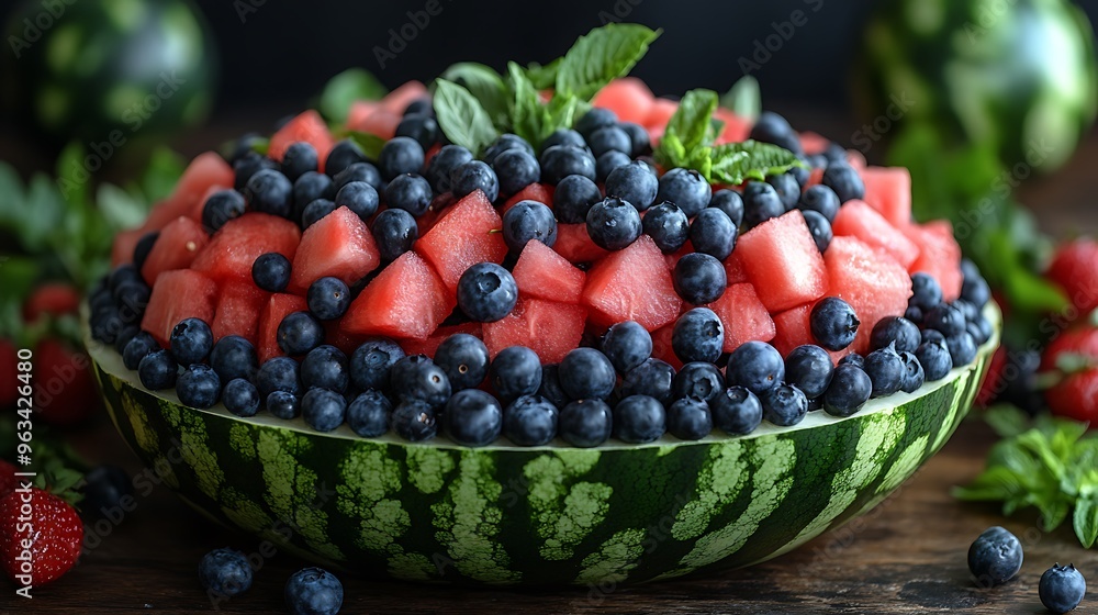 A watermelon bowl filled with diced watermelon and blueberries, garnished with mint leaves. A watermelon bowl filled with diced watermelon and blueberries, garnished with mint leaves.