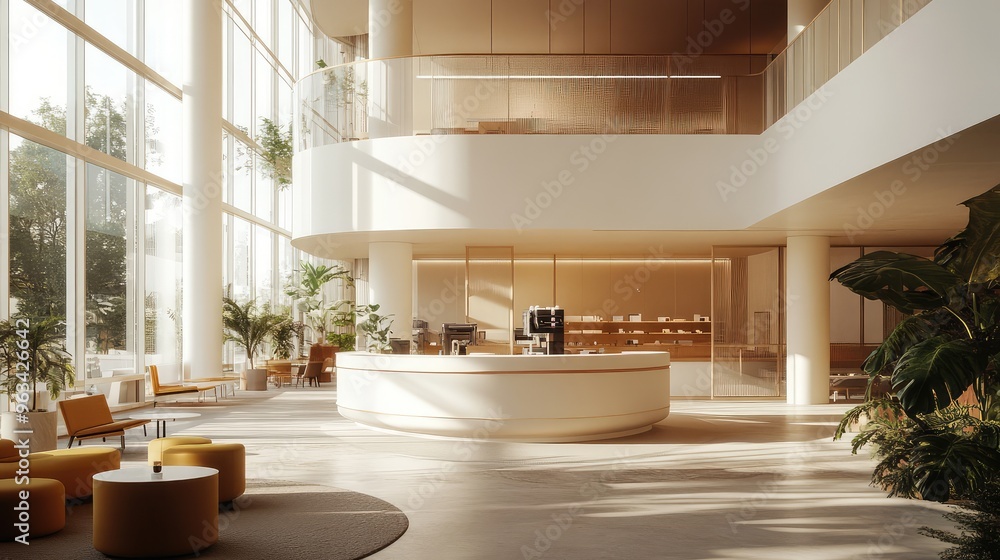 Inspired office lobby with a circular cafe counter, soft seating, and a double-height space, illuminated by natural light from expansive windows Inspired office lobby with a circular cafe counter, soft seating, and a double-height space, illuminated by natural light from expansive windows