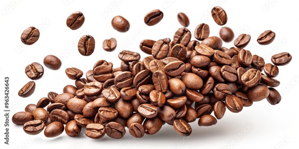 Obraz premium Roasted Coffee Beans Falling and Scattering, Photorealistic, Isolated, White Background, Coffee Beans, Coffee, Espresso
