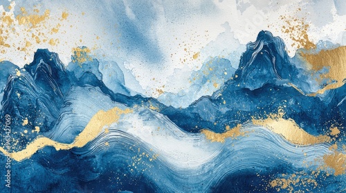 Ink landscape painting,national trend decorativepainting,golden palace, blue and gold style, goldpen outline,simplicity photo