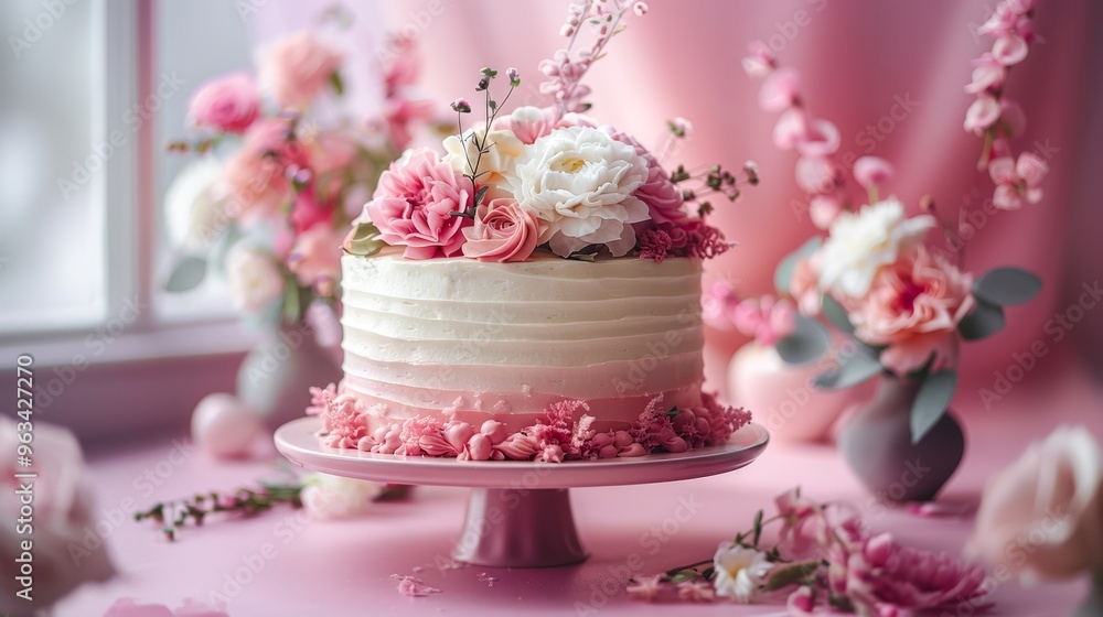 White and Coral Birthday Cake with Greenery Accents White and Coral Birthday Cake with Greenery Accents