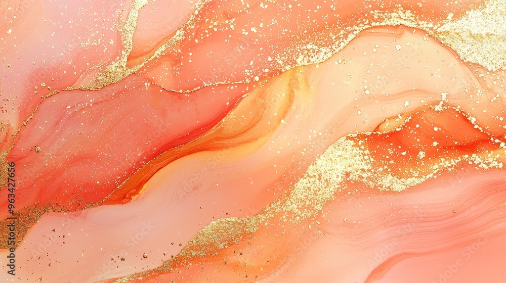 Fototapeta premium light pastel alcohol ink pour, colors of peach glitter gold and deep orange, sparkles and glitter, wallpaper, 3d texture dramatic look water color, big shapes waves
