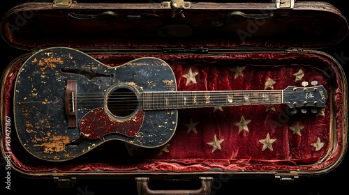 Worn acoustic guitar resting in a vintage case with a red velvet interior. photo