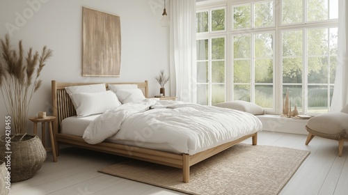 Scandinavian bedroom with light wood bed and large windows