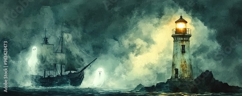 Haunted ocean Halloween art, ghost ship in eerie storm approaching glowing lighthouse, haunted seascape illustration evoking supernatural maritime mystery