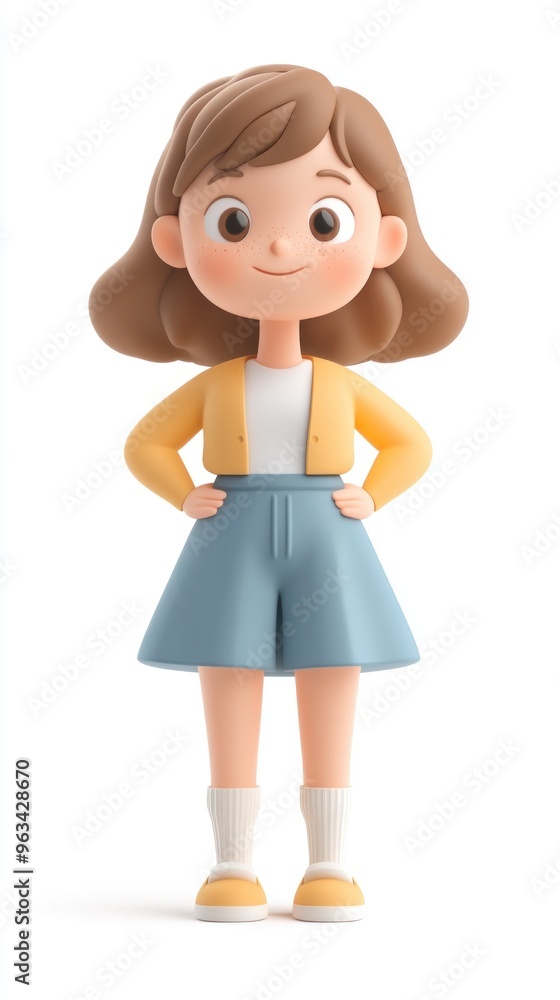 A cheerful cartoon girl with brown hair wearing a yellow cardigan and blue skirt. A cheerful cartoon girl with brown hair wearing a yellow cardigan and blue skirt.