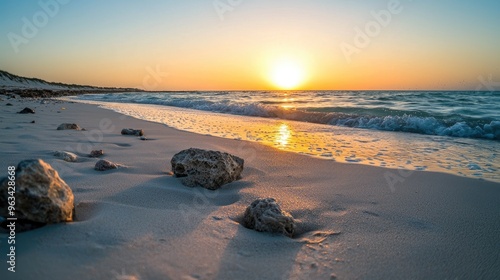 photorealistic sunset and clear white sand with some rocks on the sand shot on a canon r3 with a 15mm lens photo