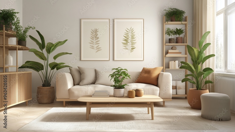 Scandinavian living room with houseplants and light wood furniture Scandinavian living room with houseplants and light wood furniture