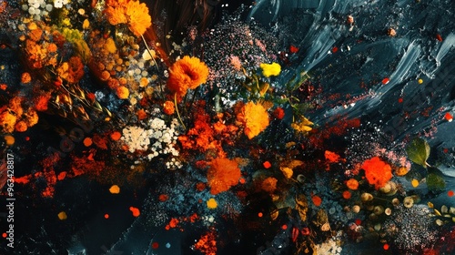 Abstract Floral Artwork with Orange and Yellow Flowers photo