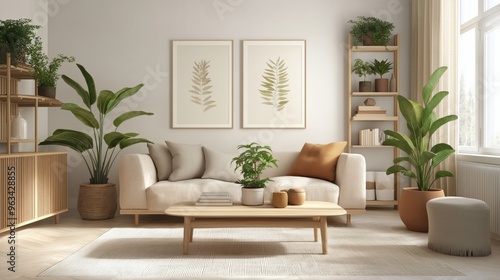 Scandinavian living room with houseplants and light wood furniture