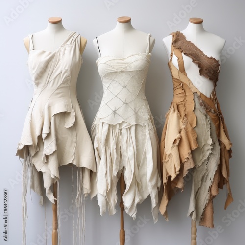 Three Mannequins Displaying Unique Fashion Designs.