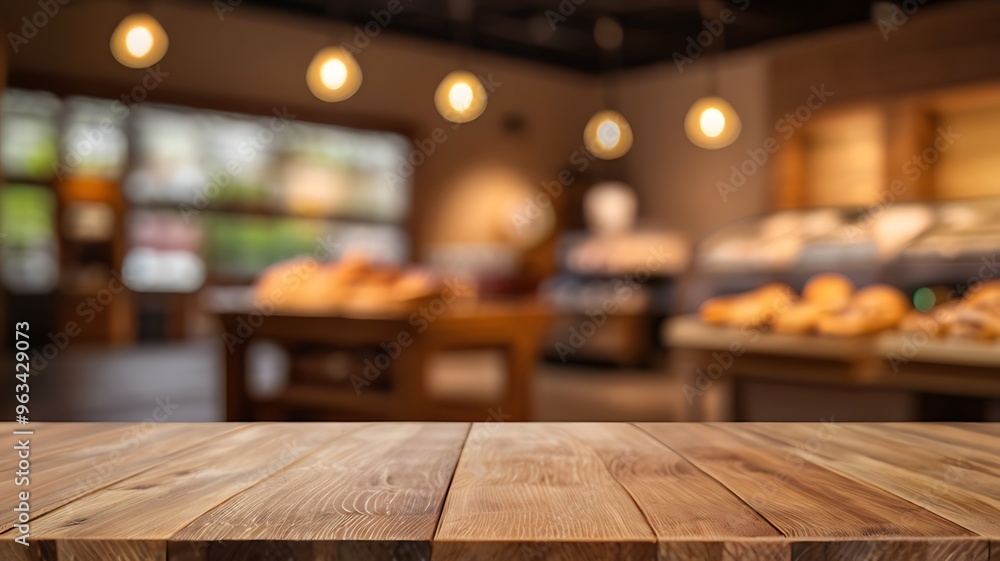 background of a blurry bakery display and an empty wooden table background of a blurry bakery display and an empty wooden table