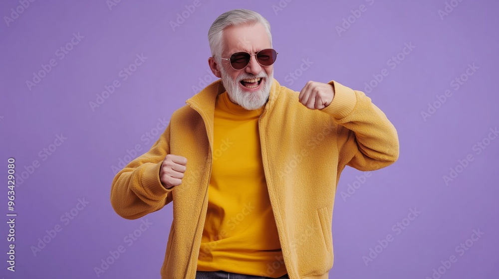 A man in a yellow jacket is standing and smiling, with his arms raised in the air. He is wearing sunglasses and he is enjoying himself A man in a yellow jacket is standing and smiling, with his arms raised in the air. He is wearing sunglasses and he is enjoying himself