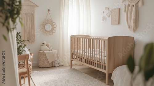 Scandinavian nursery with light wood crib and soft pastels