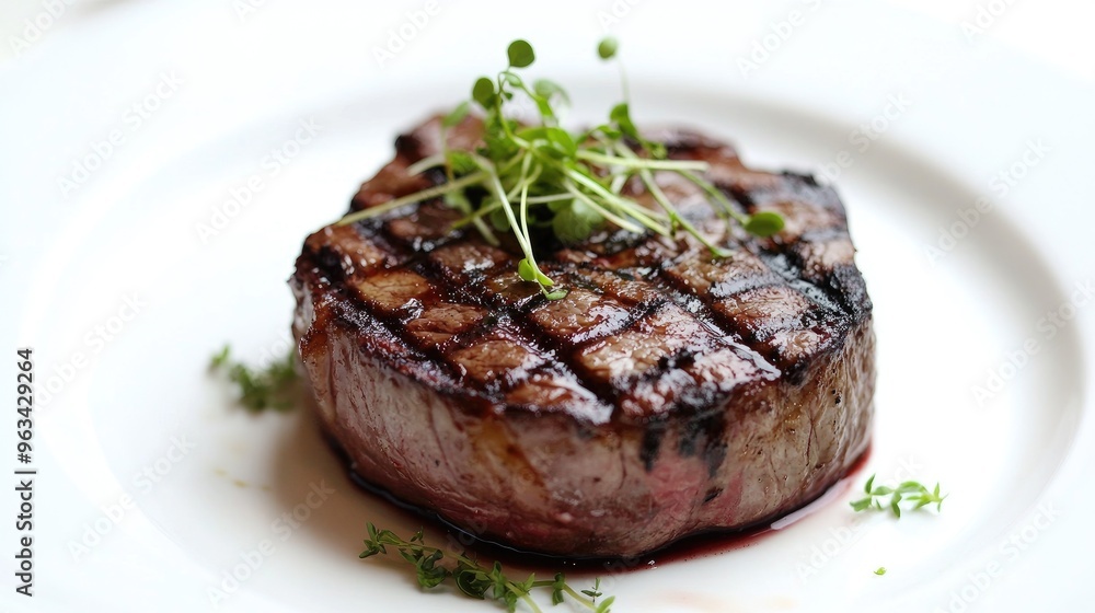 A close-up of a steak with a perfect grill mark, garnished with microgreens, and placed on a pristine white plate with a white background. A close-up of a steak with a perfect grill mark, garnished with microgreens, and placed on a pristine white plate with a white background.