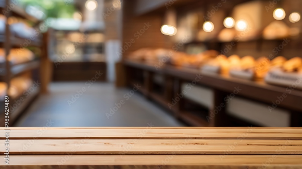 background of a blurry bakery display and an empty wooden table background of a blurry bakery display and an empty wooden table