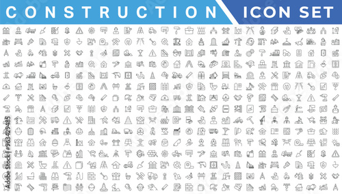 Construction line icons set. Home repair tools outline icons collection. Construction tools, builders and equipment symbols. Builder, crane, engineering, equipment, helmet, tool, house