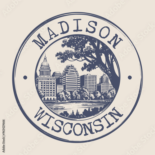 Madison, Wisconsin Stamp City Postmark. Silhouette Postal Passport. Round Vector Icon. Vintage Postage Design.	
