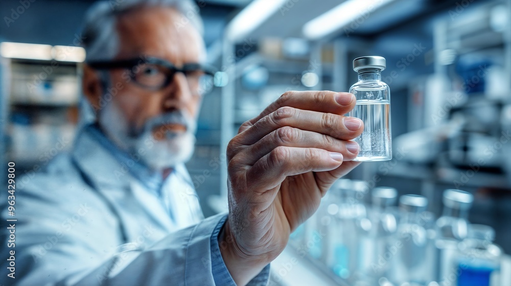 A scientist closely inspecting a small glass vial in a bright, modern laboratory
A scientist closely inspecting a small glass vial in a bright, modern laboratory