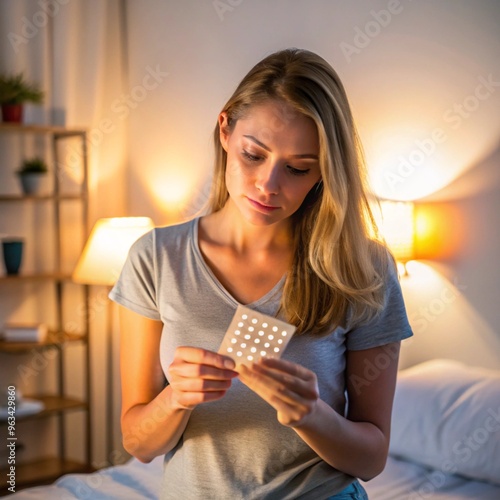 A Young Woman Preparing to Take Her Birth Control Pill in a Modern Bedroom