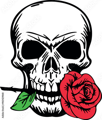 Flat isolated skull with rose. Halloween skull illustration vector.