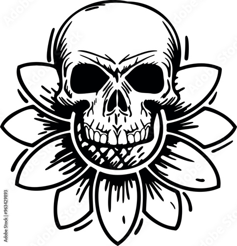 Flat isolated creepy skull sunflower. Halloween skull illustration vector