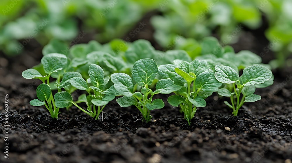 A close-up of a row of young green seedlings growing in rich soil. A close-up of a row of young green seedlings growing in rich soil.