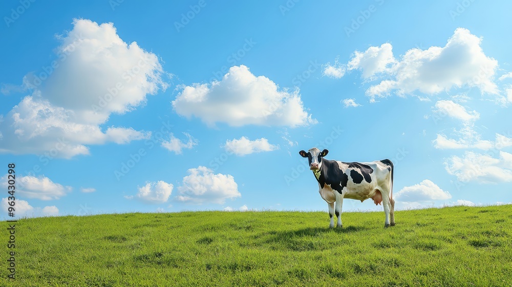 A cow in a crop circle, standing on green grass beneath a bright blue sky, dotted with fluffy white clouds A cow in a crop circle, standing on green grass beneath a bright blue sky, dotted with fluffy white clouds
