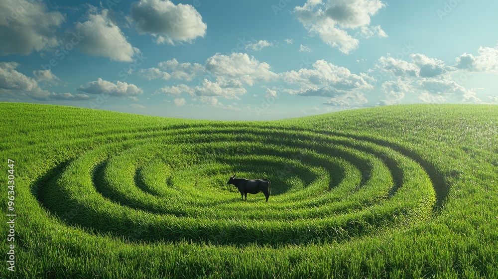 A cow stands in a crop circle, surrounded by lush green grass, with a stunning blue sky and fluffy clouds above, evoking a sense of mystery and calm A cow stands in a crop circle, surrounded by lush green grass, with a stunning blue sky and fluffy clouds above, evoking a sense of mystery and calm