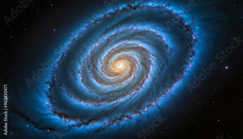 A mesmerizing image of a spiral galaxy with a glowing core, showcasing the intricate details of swirling arms and bright stars. The deep blue hues add depth and a sense of mystery to this cosmic