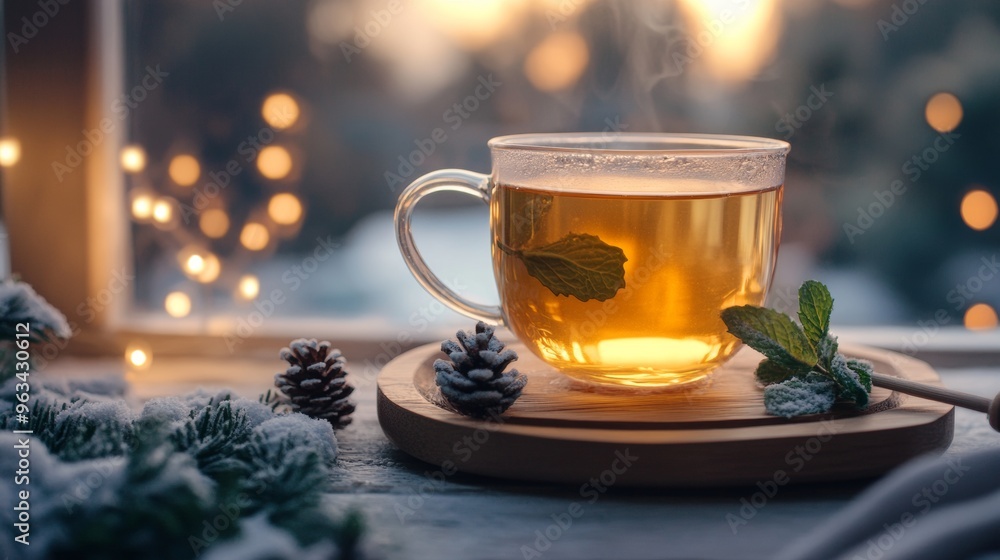 A cup of tea with a sprig of mint on top sits on a wooden tray A cup of tea with a sprig of mint on top sits on a wooden tray