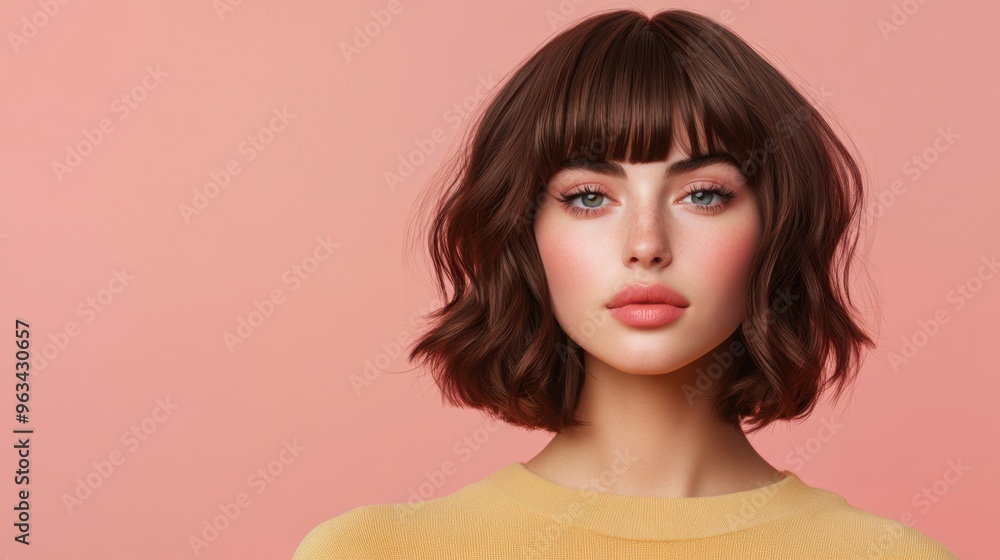 A close-up portrait of a woman with stylish hair and flawless makeup against a soft pink background, exuding confidence and beauty. A close-up portrait of a woman with stylish hair and flawless makeup against a soft pink background, exuding confidence and beauty.