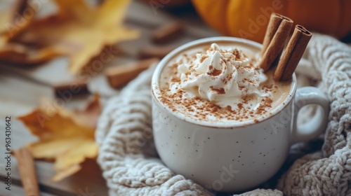 A white mug of coffee with whipped cream and cinnamon sticks on top