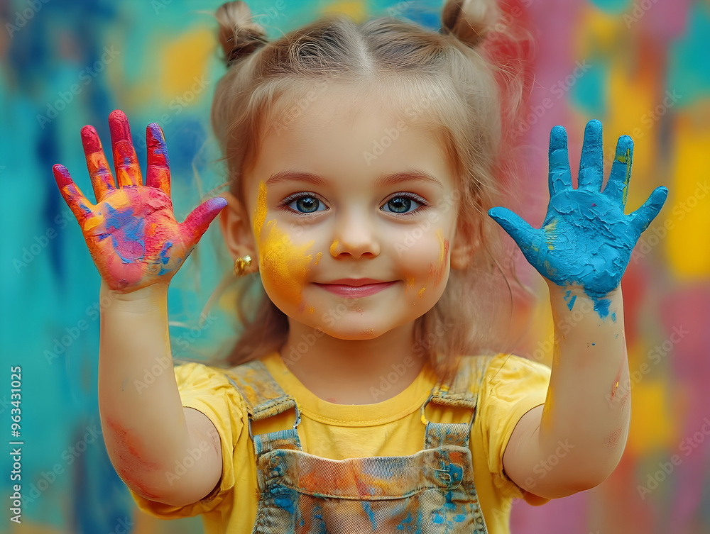 Little Artist Photo - Smiling Girl with Painted Hands and a Colorful Background Little Artist Photo - Smiling Girl with Painted Hands and a Colorful Background