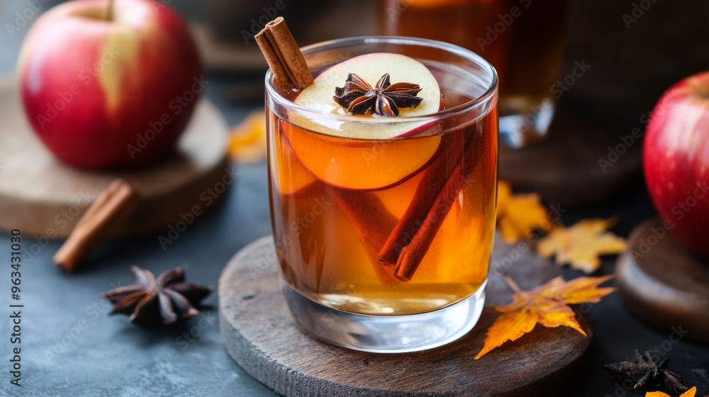 A glass of apple cider with cinnamon on top sits on a wooden table A glass of apple cider with cinnamon on top sits on a wooden table