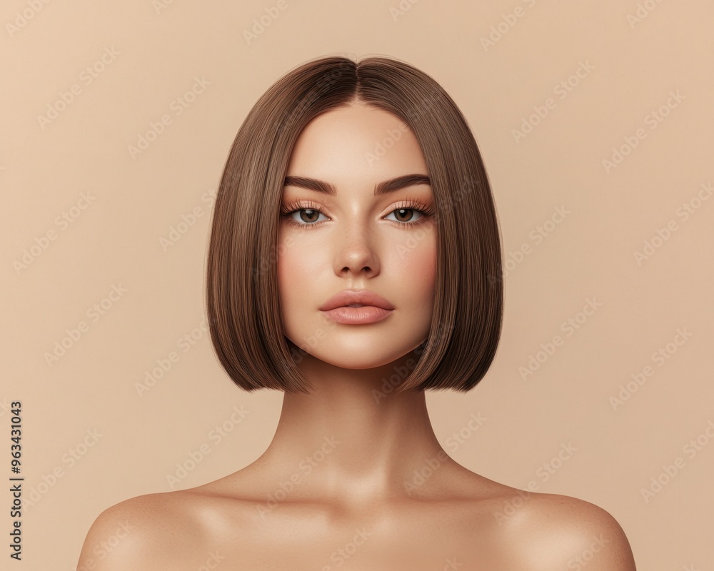 Stylish woman with a modern bob haircut, showcasing a natural and elegant beauty against a soft backdrop. Stylish woman with a modern bob haircut, showcasing a natural and elegant beauty against a soft backdrop.
