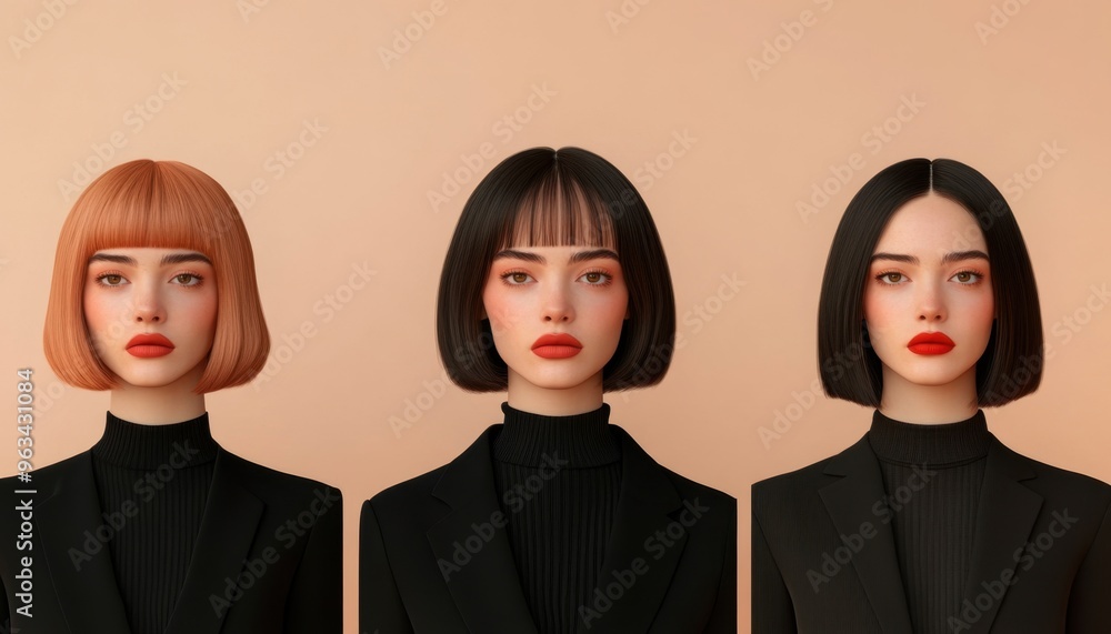 Three modern hairstyles showcased on mannequins with different hair colors and sleek bob cuts against a soft pastel backdrop. Three modern hairstyles showcased on mannequins with different hair colors and sleek bob cuts against a soft pastel backdrop.
